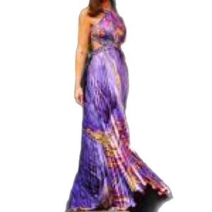 SEAN COUTURE Purple Beaded and Sequined Halter Neck Accordion Pleated Gown